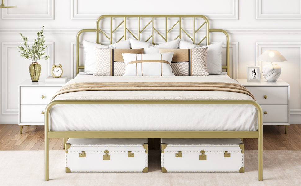 IDEALHOUSE Gold Queen Size Bed Frame with Headboard, No Box