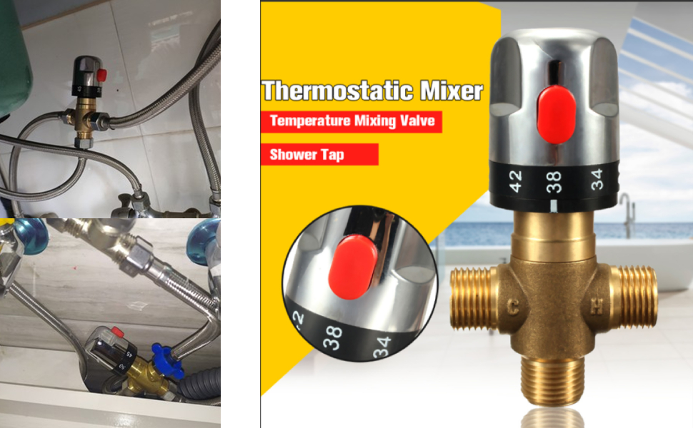 Thermostatic Mixing Valve Solid Brass G1/2 for Shower System Water Temperature Control