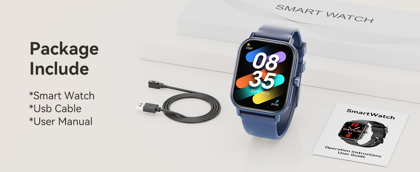 Smartwatch with colorful digital display and blue band, shown alongside USB cable and user manual. Package includes watch, cable, and manual.