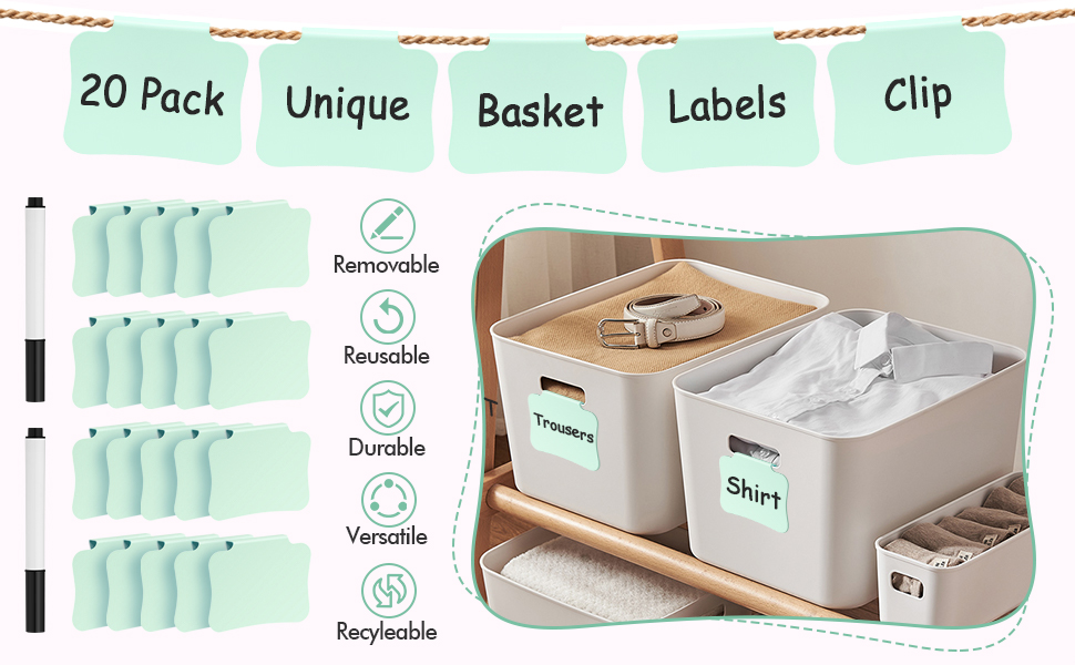 20PCS Plastic Basket Labels Clip On Removable Basket Bin