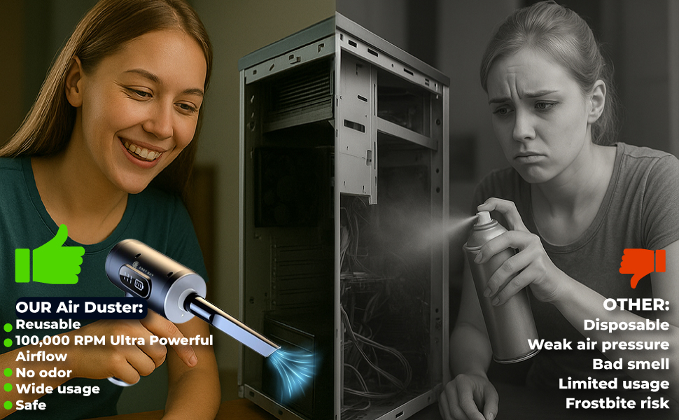 Black and white product comparison grid showing multiple panels with text overlays describing different usage scenarios and features.