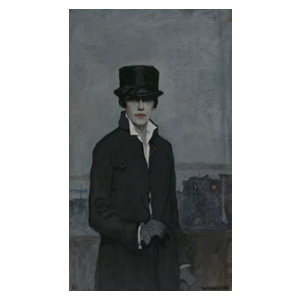 Painting of a woman in a top hat and dress coat. The background looks like a stormy day.
