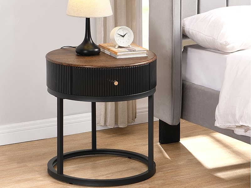 OIOG Round Nightstand with Drawer, Modern Side Table, Black