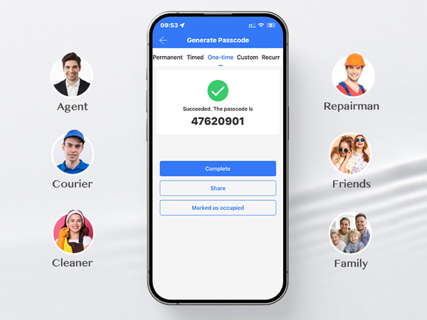 Smartphone app interface displaying a passcode entry screen with a green checkmark and surrounding user profile icons for various services.