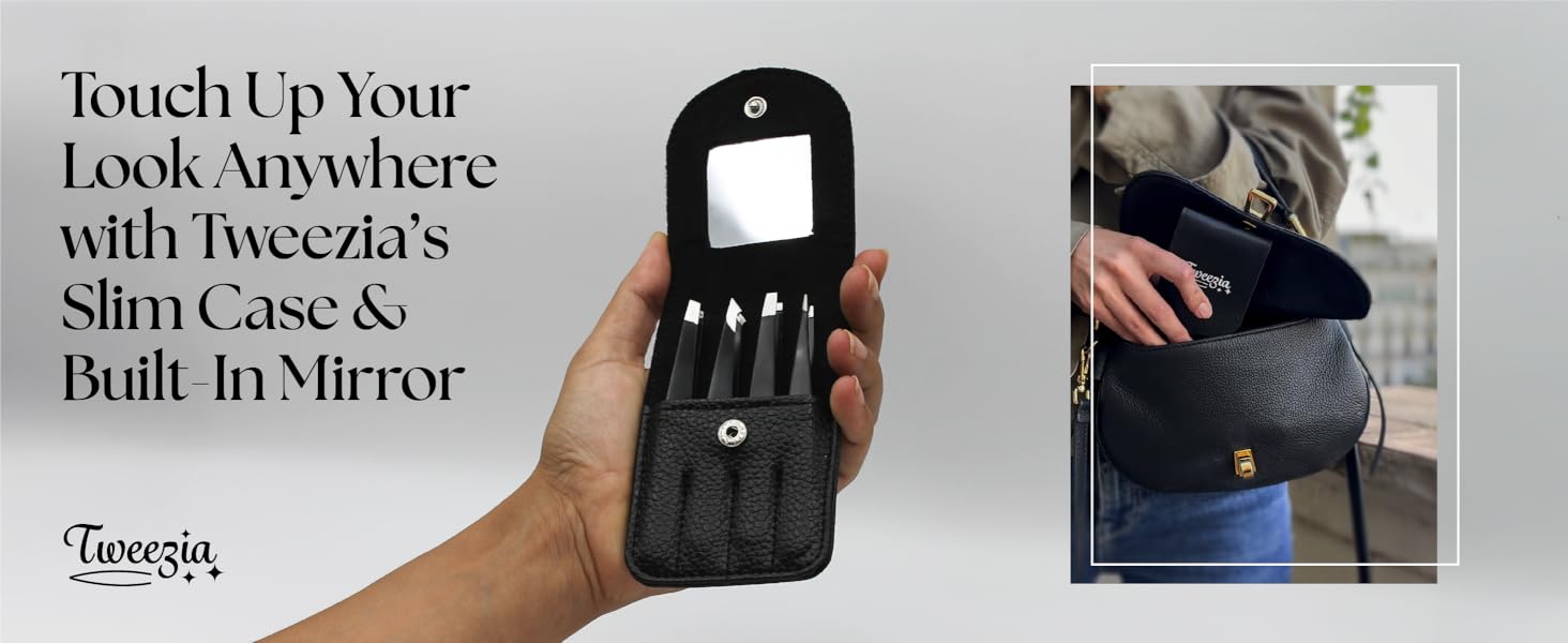 A person holds the Tweezia tweezers & case in their hands against a black background.