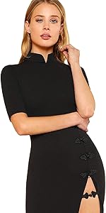 Floerns Women's Chinese Stand Collar Frog Button Split Mini Dress