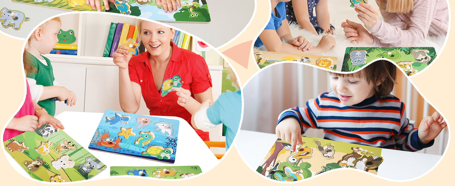 Wooden Puzzles for Toddlers 13, 6 Pack Peg Puzzles with