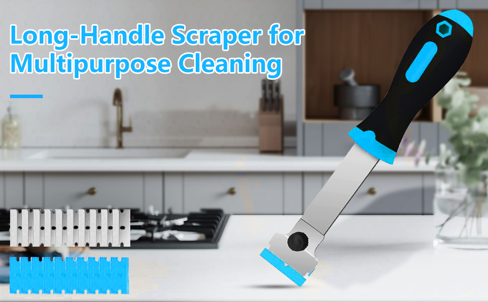 Razor Blade Scraper, Long Handle Scraper Tool with 10 Plastic and 10 Metal Blades