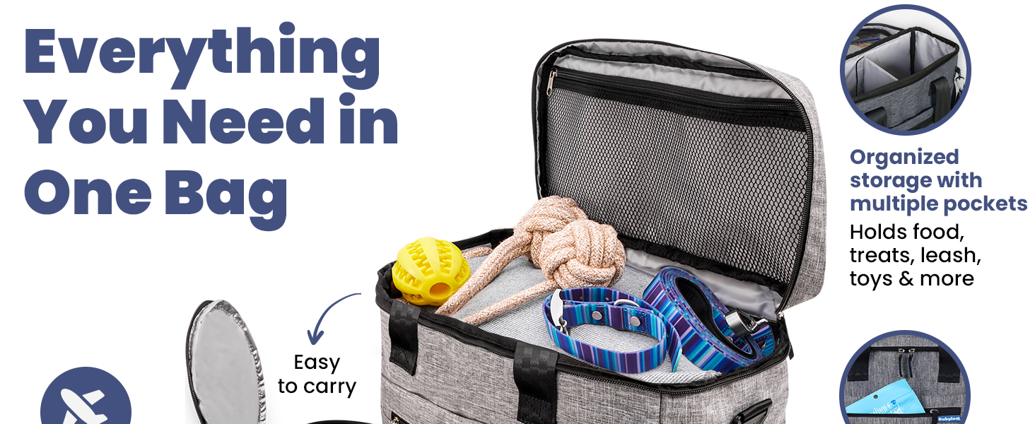 Open dog travel bag showing organized dog accessories, toys, leash, and travel dog bowls.