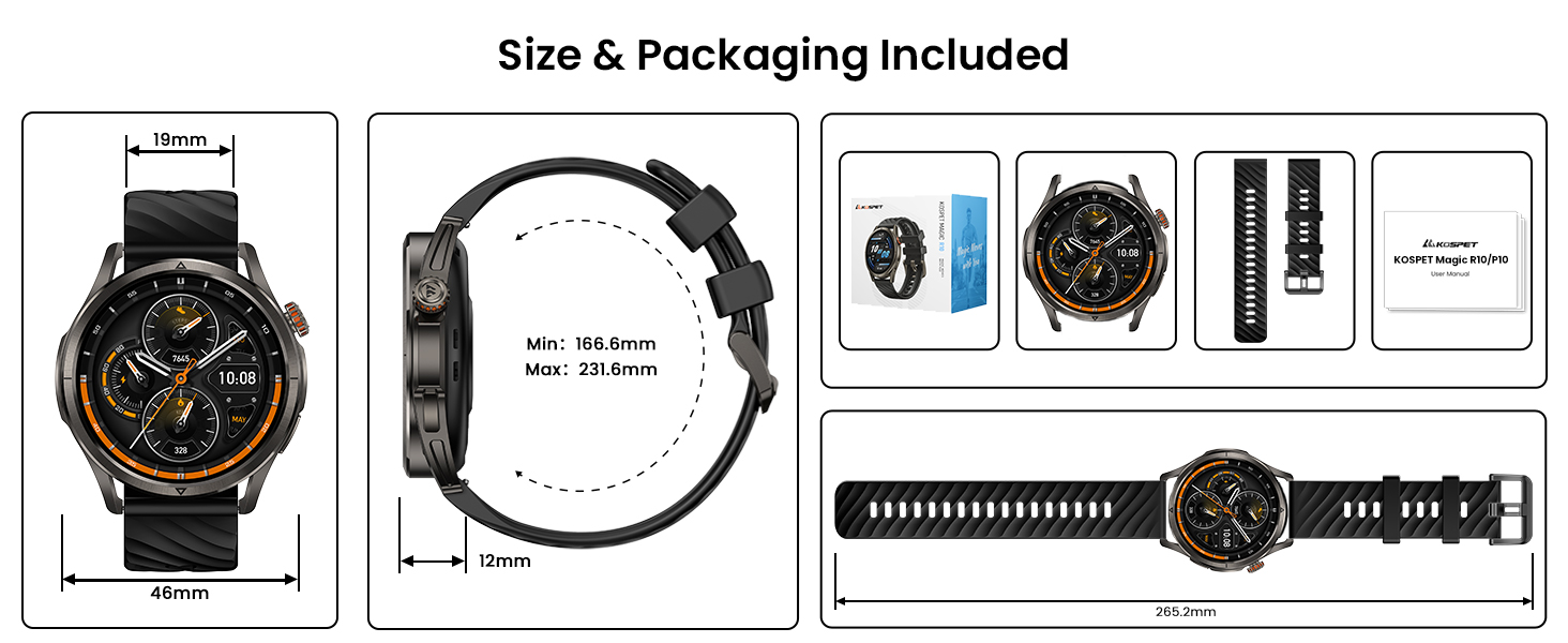Text reads: 'Size & Packaging Included'. Technical diagram showing dimensional specifications and assembly instructions for a circular product with detailed measurements and components.