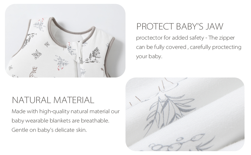 Babykleidung mit Blumenmuster Der Text beschreibt den Kieferschutz und das natürliche Material. Nahaufnahme der abgebildeten Stoffstruktur