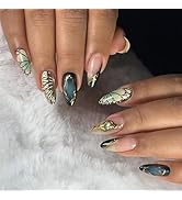 IMRAIN Press on Nails, Medium Almond Fake Nails, Glossy Gel, Metal Golden Chrome, Black Blue Ombr...