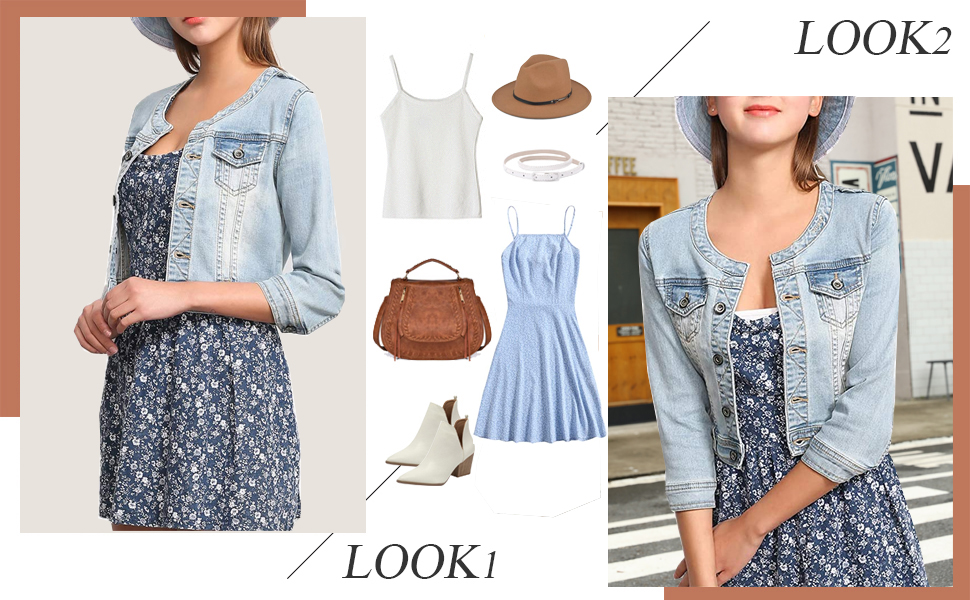 Kedera Women Short Sleeve Collarless Denim Jacket Button