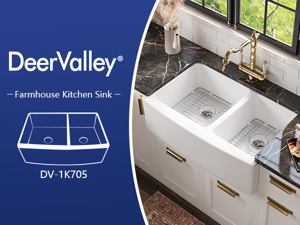 National ホーム火鉢 DeerValley Double Bowl White Kichen Sink 33 inch, Ceramic