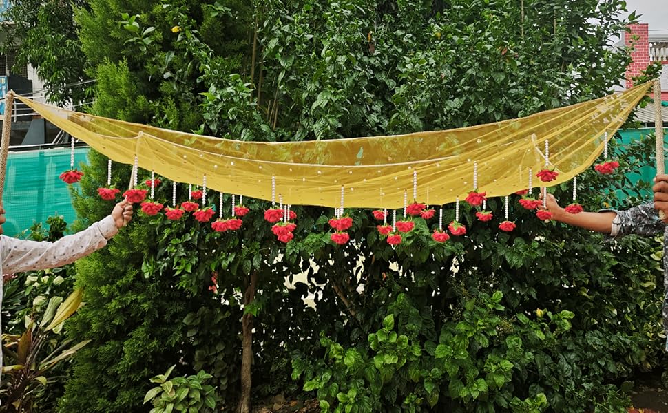 Kaevion Dulhan Entry Chaddar Bridal Entry Odhni Ceremony | Net Buti Fabric with Golden Heavy Border