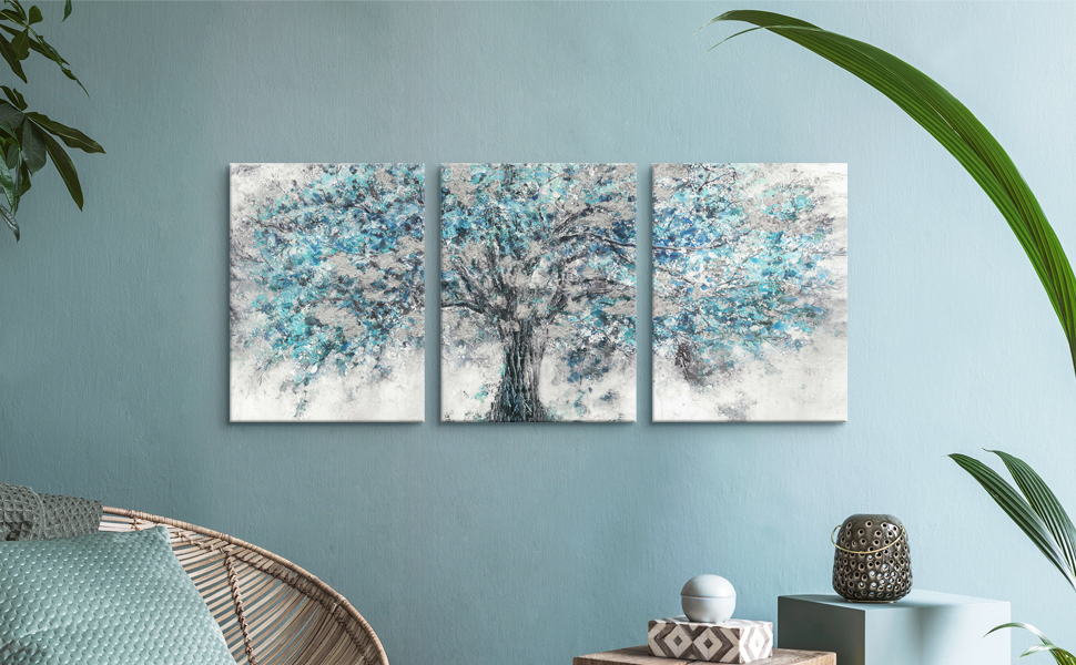Abstract Tree Canvas Wall Art 3 Pieces Blue Big Tree Picture Modern Blooming Forest