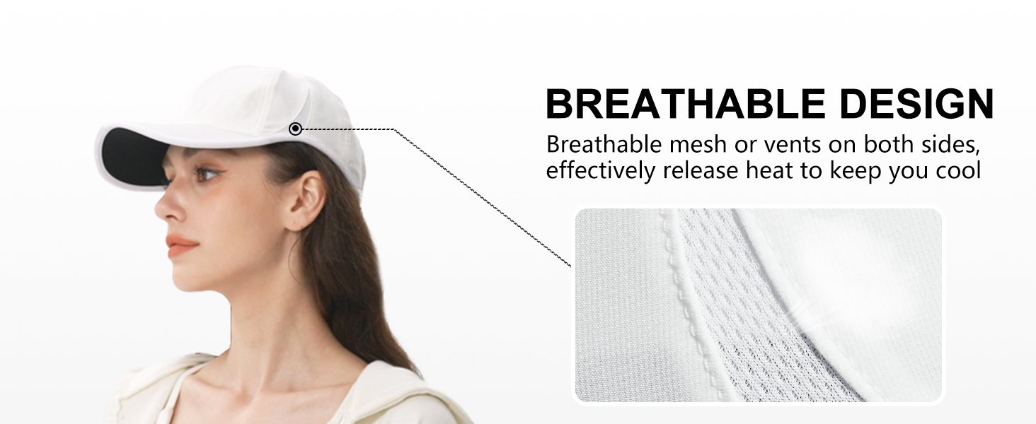 Breathable mesh or vents on both sides of performance running hat, effectively release heat