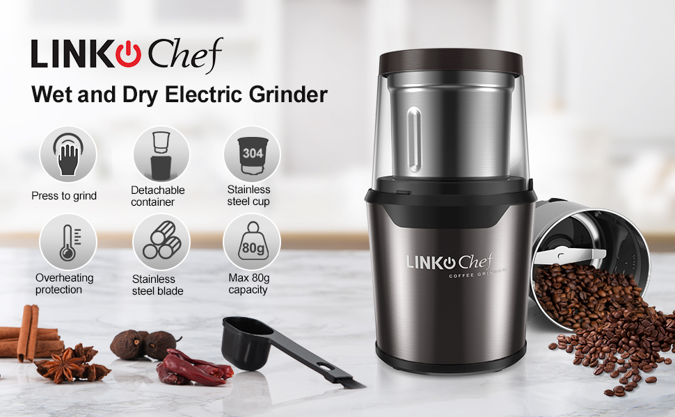 LINKchef Coffee Grinder Electric and Spice Grinder, Herb Grinder, Coffee Bean Grinder, Wet and Dry Grinder with 1 Removable Stainless Steel Bowl, Max 80g Capacity, 12 Cups, 300W 8 coffee grinder