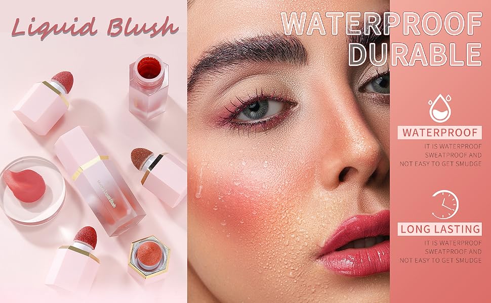 Liquid blush cosmetic product showcasing waterproof and long-lasting features. Pink tubes and swatches displayed alongside a makeup application demonstration.