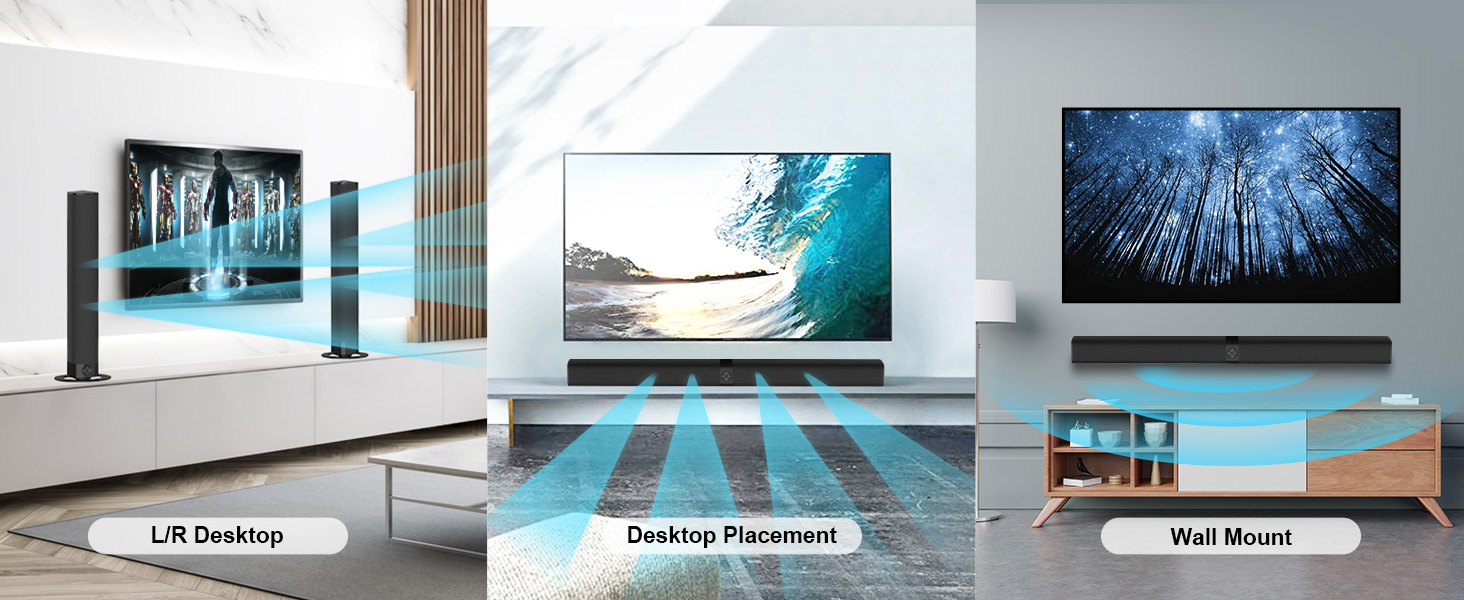 Three TV setups showcasing different mounting options: lift, desktop placement, and wall mount. Each setup displays nature scenes on large flat-screen televisions.