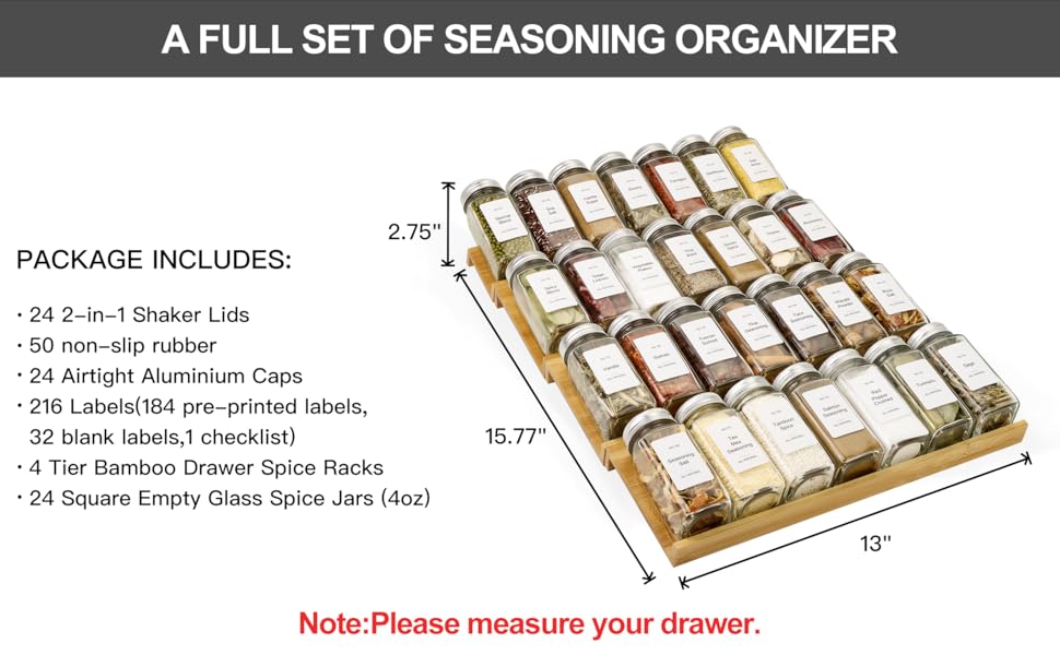 KitHero Spice Drawer Organizer with 24 Jars and 216 Labels,Nonslip