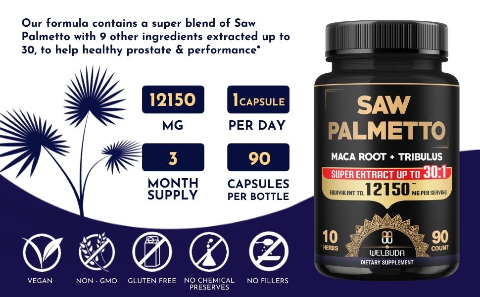 Saw Palmetto, Maca, Tribulus, Ashwagandha, Turmeric, Shilajit, Ginger, Green Tea, Holy Basil
