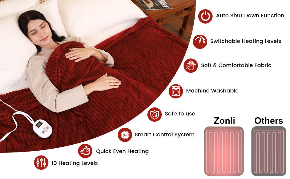 ZONLI Electric Blanket Queen Size,Heated Blanket Throw with 10 Heating