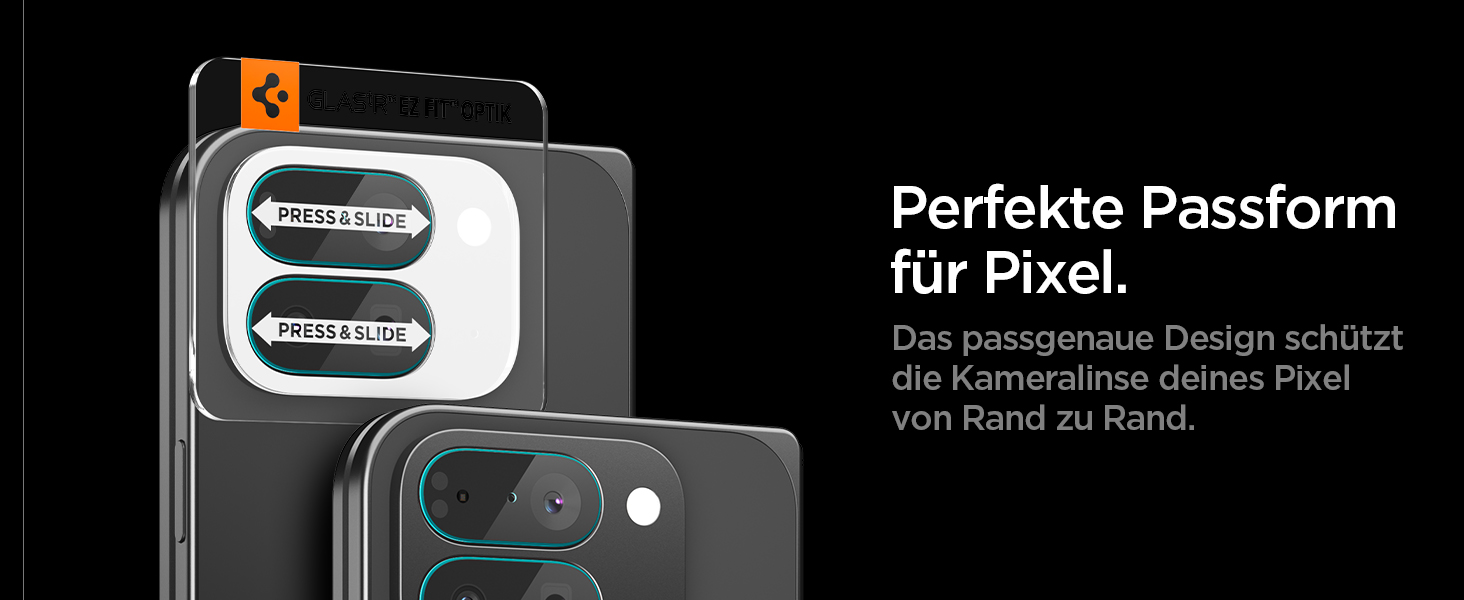 Το κείμενο εμφανίζεται "Perfekte Passform für Pixel". Produktpräsentation mit Gehäusen oder Halterungen für elektronische Geräte mit passgenauem Design.