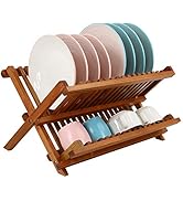Utoplike Teak Dish Drainer Rack Collapsible 2 Tier Dish Rack Dish Drying Rack Foldable Plate Orga...