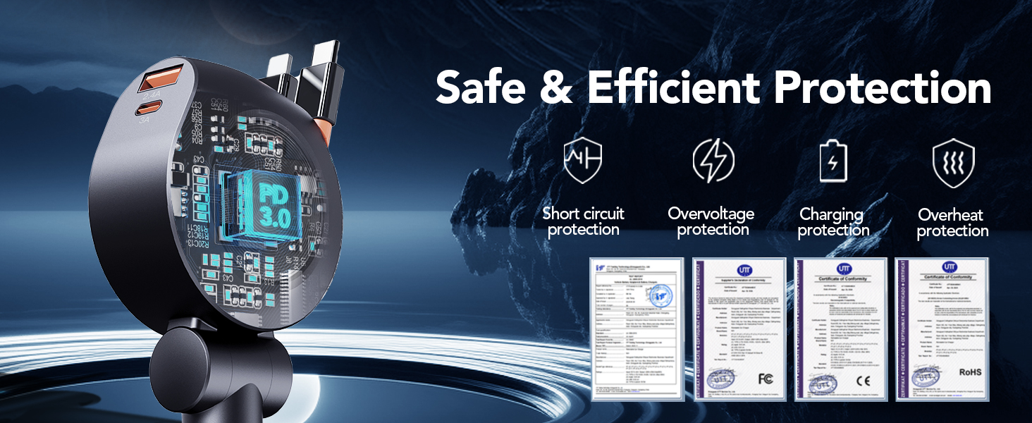Electronic device display showing protection features with certification icons and documents. Dark circular device with blue digital interface against reflective surface.