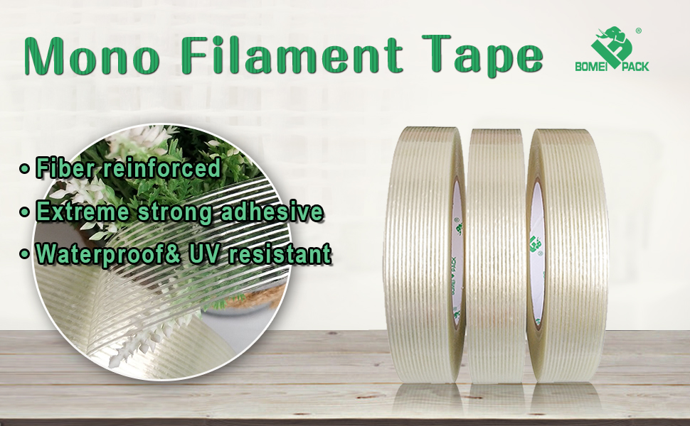 BOMEI PACK 3 Pack Reinforced Filament Packing Tape，6.3 Mil 24mm x 60