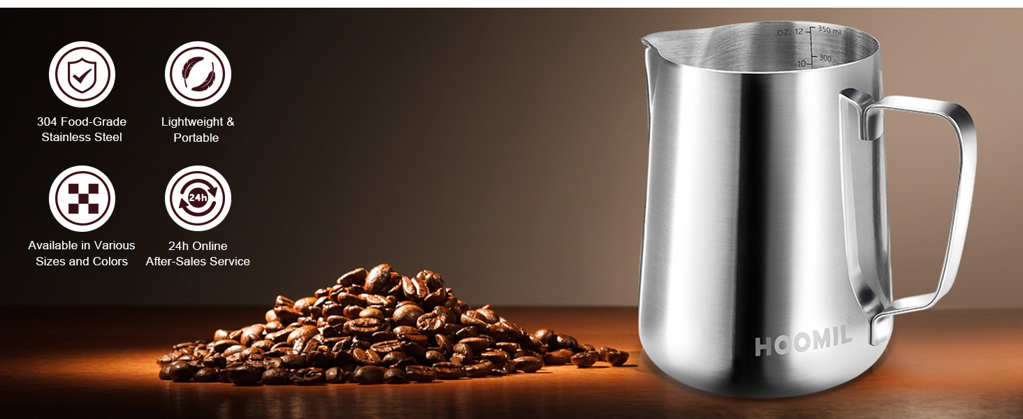 HOOMIL Milk Jug, 350ml/12oz Stainless Steel Milk Frothing Jug Barista