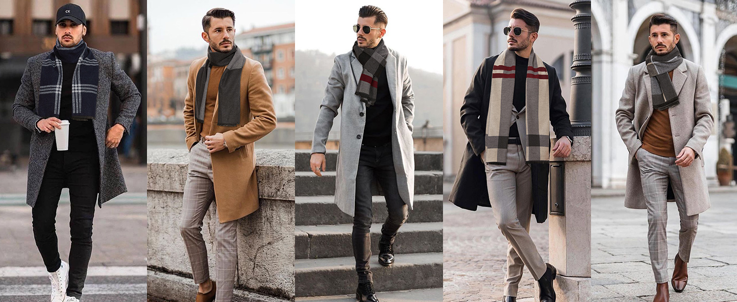 que muestra cinco atuendos de invierno con abrigos largos, bufandas y ropa casual coordinada en tonos neutros de negro, gris y marrón