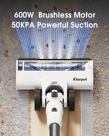 Text reads '600W Brushless Motor' and '50KPA Powerful Suction'. Marketing images showing a sleek white electronic device with technical specifications highlighted.