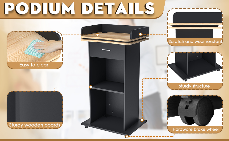 43" Wood Podium Stand with 3 Levels of Storage