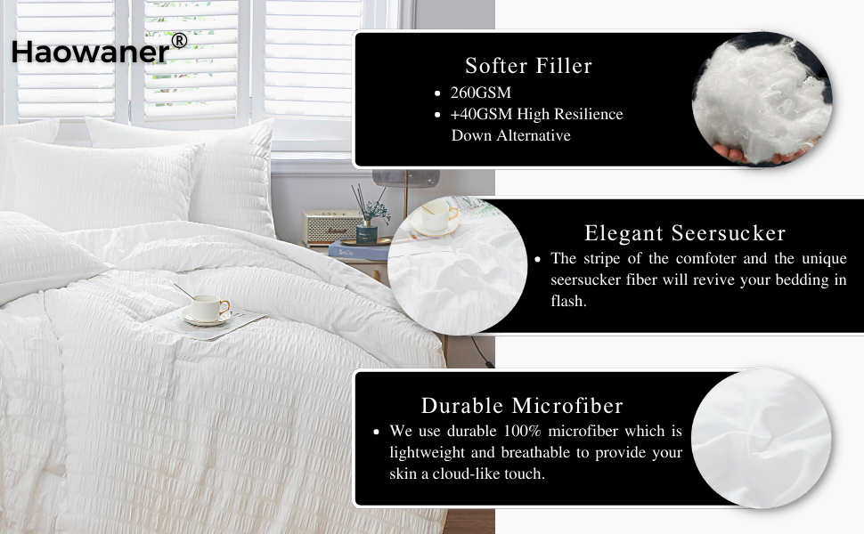 Haowaner 3 Pieces Seersucker Queen Comforter Set, Queen