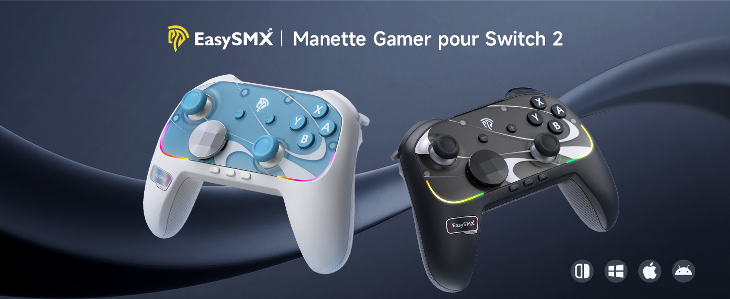 Le texte indique « EasySMX Manette Gamer pour Switch 2 ». Montre la manette de jeu en couleur foncée avec des accents bleus affichés sous plusieurs angles.