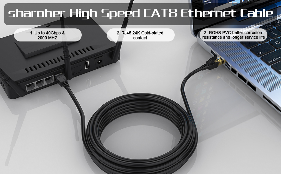 Sharoher Cat 8 Cable, Heavy Duty High Speed Cat8 LAN Network