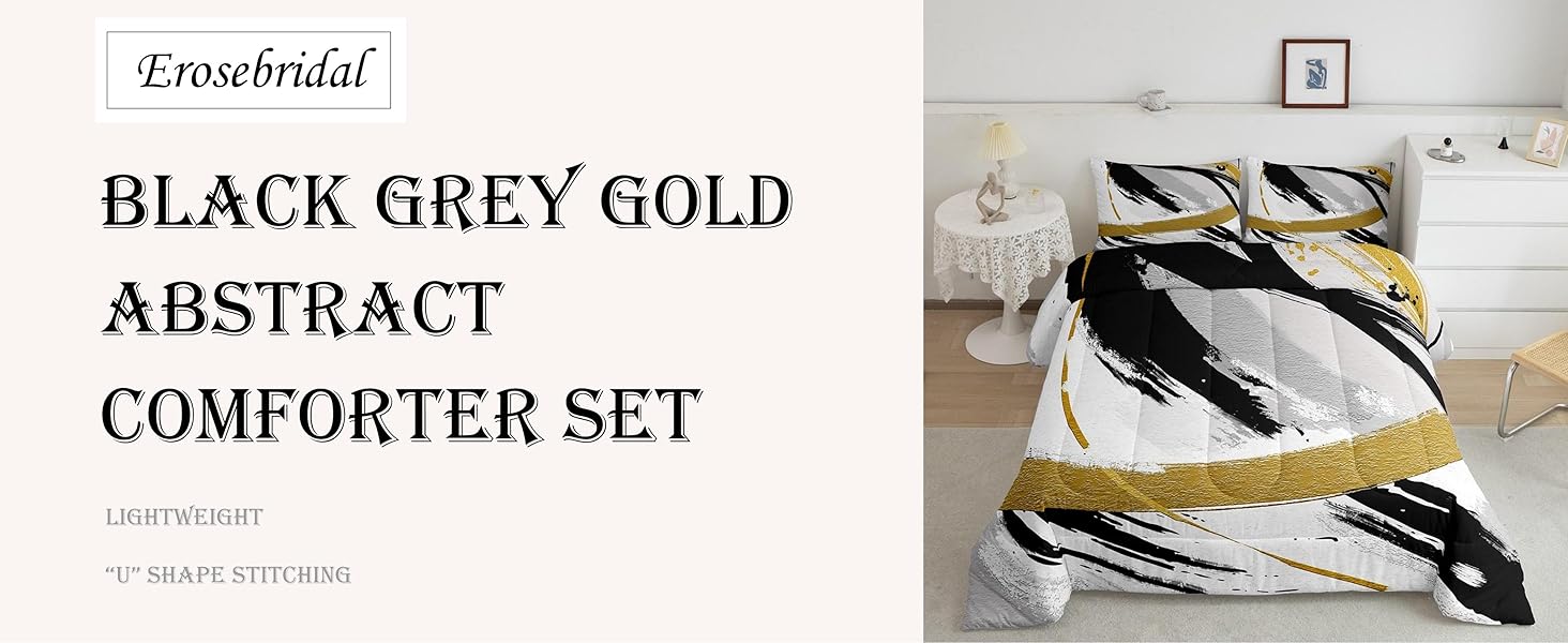 Black Grey Gold Bedding Set Twin Brush Strokes Oil Painting Comforter Set, Gradient Abstract