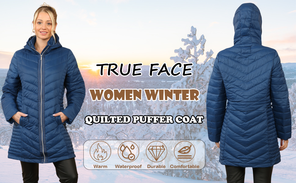 True Face Women's Long Quilted Puffer Jacket, Warm Hooded Winter Coat, Lightweight Casual Outerwear