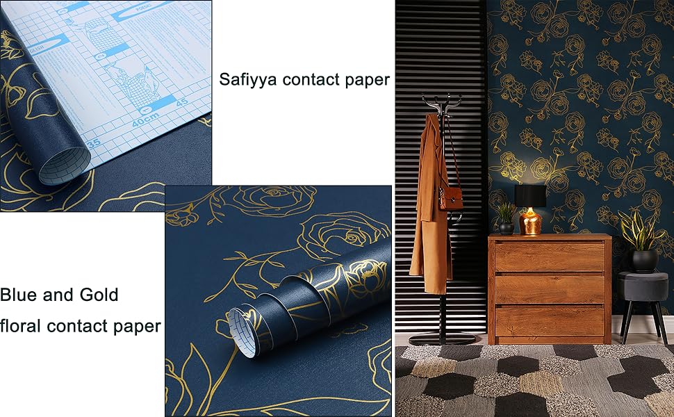 Safiyya Contact Paper Floral Wallpaper Gold and Blue Peel