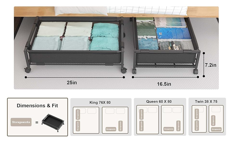 NK Phoenix Under Bed Storage with Wheels, Rolling Under Bed Storage