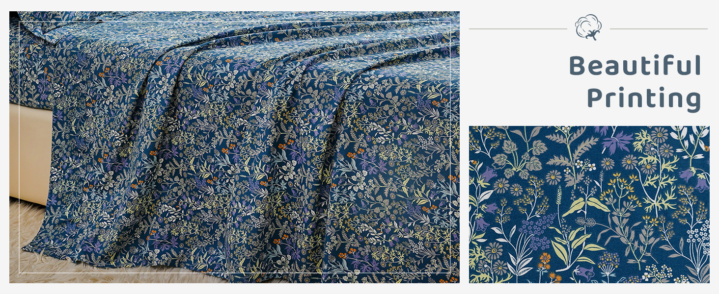 QSH 100 Cotton Sheets for Queen Size Bed Blue Floral Plant Pattern Botanical