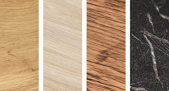 Cuatro muestras de textura de madera que muestran diferentes acabados: roble natural, beige claro, vetas de madera marrón y patrón de mármol oscuro.