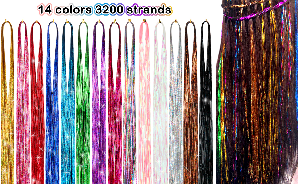 Hair Tinsel Kit (43 Inch,14 Colors, 3200 strands), Tinsel