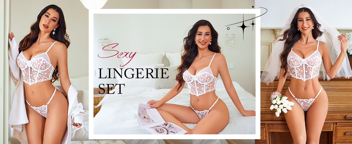 Sexy Underwire Cute Push Up Strappy Embroidered Mesh Sheer Lingerie Set See Through Panty Bra