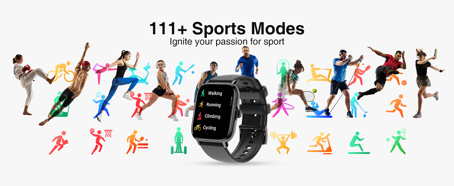 Black smartwatch with touchscreen displaying sports modes. Colorful silhouettes of athletes in various poses surround the watch, representing different sports activities.