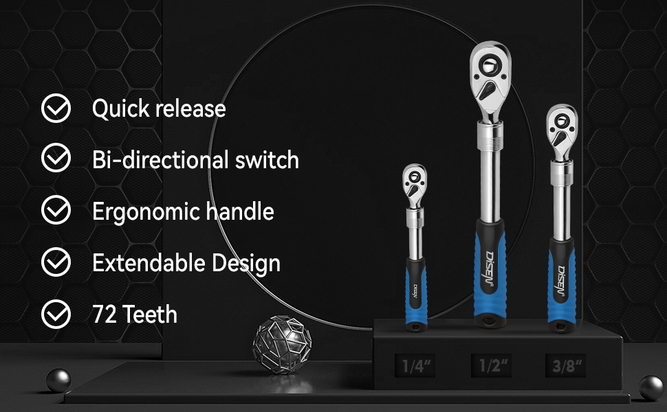 DISEN 3-Piece Extendable Flex-Head Ratchet Wrench Set with