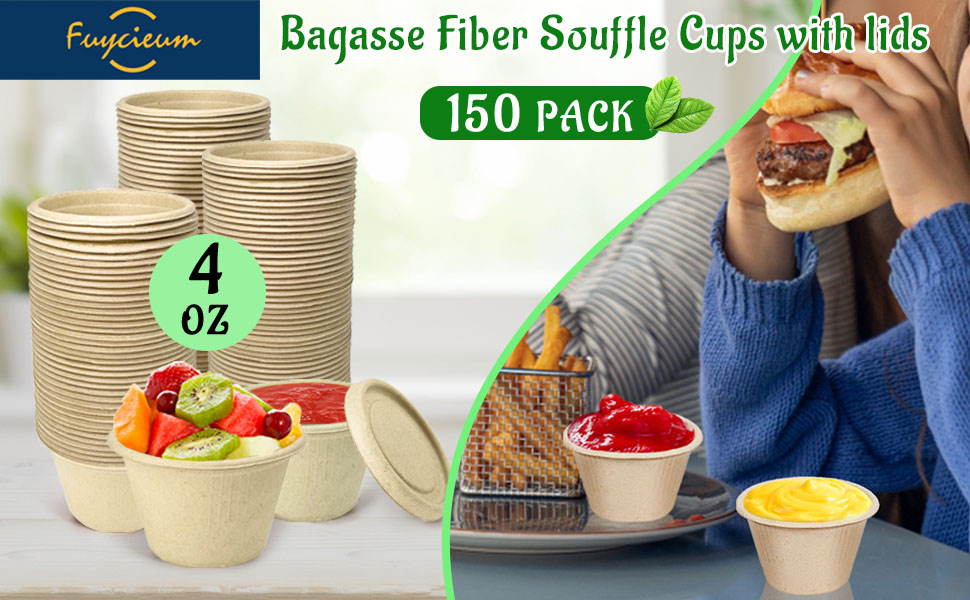FUYCIEUM 150 Pieces Bagasse Fiber Souffle Cups with Lids, 4