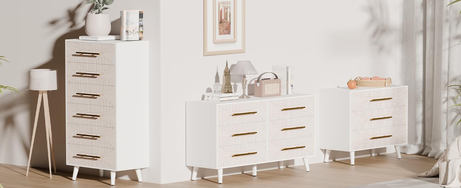 FNCK White Dresser for Bedroom with 6 Drawers, Wide Chest